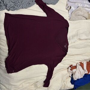 Ribbed V-Neck Top in Deep Burgundy & black and white striped